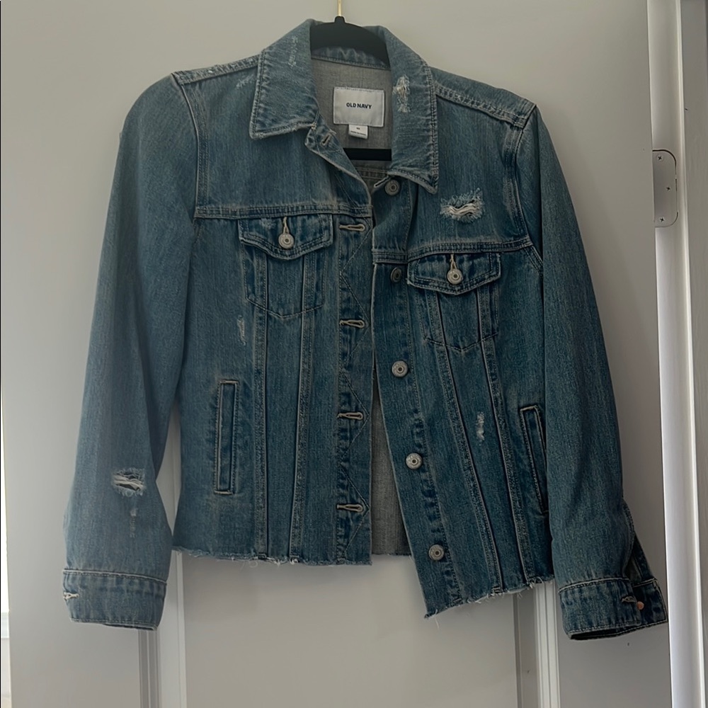 Old Navy Blue Jean Jacket Distressed Cropped Style